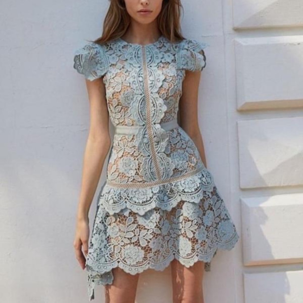 #152 Elegant Butterfly Sleeve Crochet Lace Casual O-neck High Waist Dress